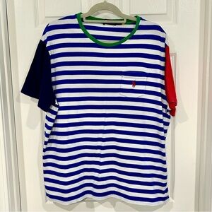 Polo Ralph Lauren Men Blue White Striped Slim Fit Tee Shirt XL Pocket Polo Pony